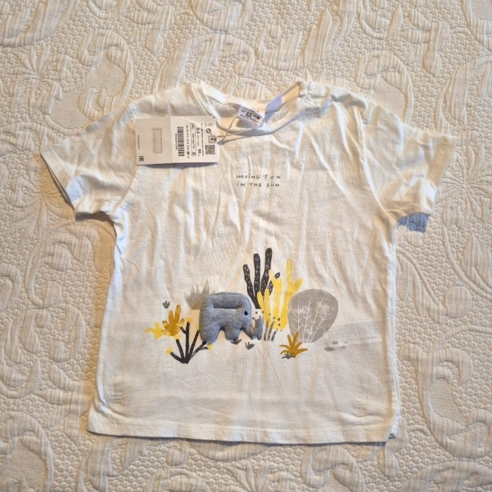 Zara girls size 2-3 years white elephant attached short sleeve shirt NEW